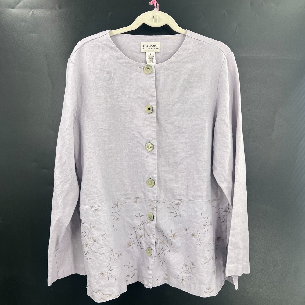Vintage Freeport Studio linen lagenlook button‎ front floral boho earthy lilac L